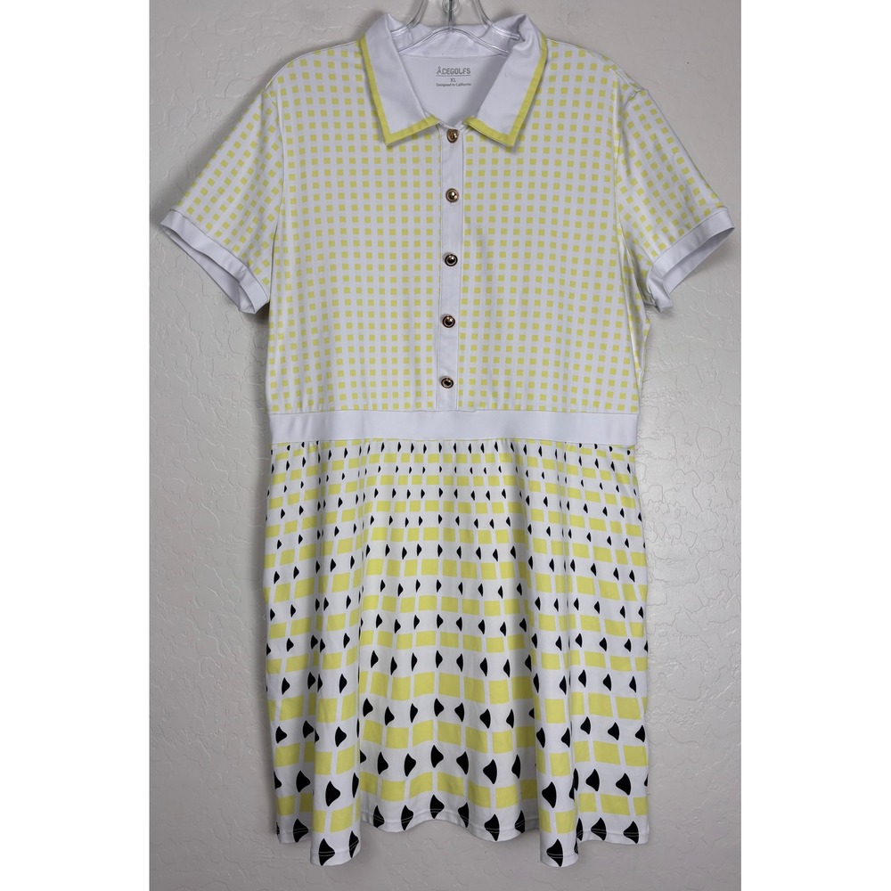 Acegolfs Golf Dress Yellow White Geometric Polo Short Sleeve Pockets XL‎ 2396